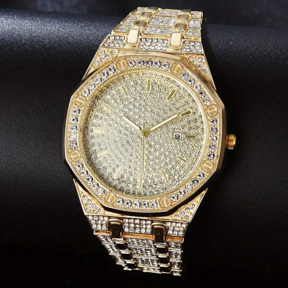 New Men's Bling Watch Big Dial Calendar Date Gold Steel Band Hip Hop Wristwatch